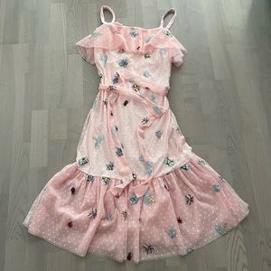 Betsey Johnson Ruffled Frilly Pink Tulle Mesh Lace Dress with Insects Embroidery
